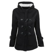 coat for women Women Solid Color Horn Buttons Cardigan Padded Hooded Coat Overcoat Women's Jackets Coats Black + L